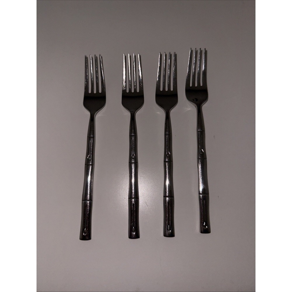 4 Hampton Forge BAMBOO Salad Forks Signature Stainless GLOSSY 7"
